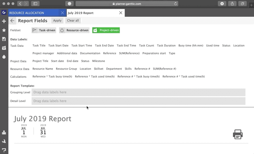 adding fields to a resource planning report in ganttic