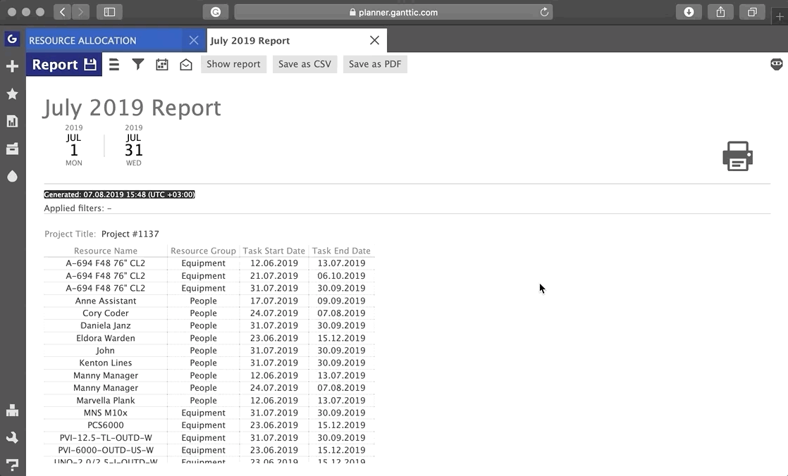 Exporting a project portfolio report