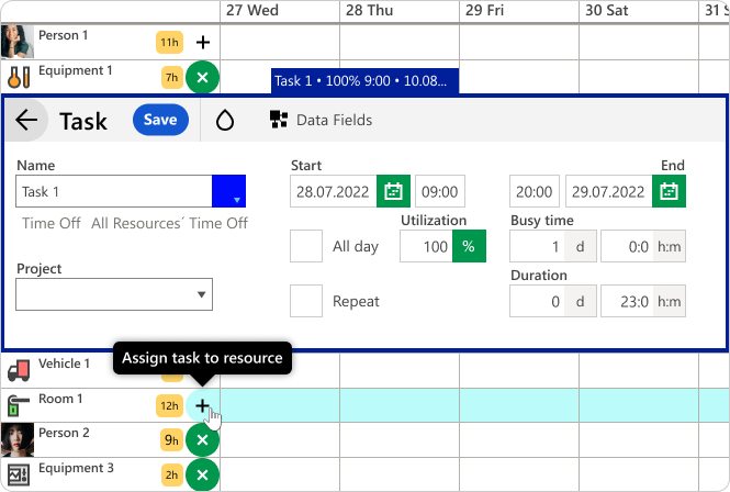 Assign tasks to multiple resources and make a resource matrix in seconds using Ganttic.