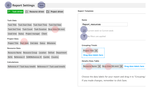 Report settings in Ganttic Drag and Drop reports