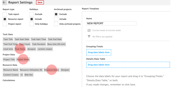 The red circles indicate where you can find the different Note options in the Reports.