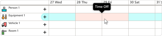 In Ganttic you can select when a person has Time Off and when they are unavailable for new work when resource allocation planning