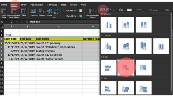 Insert a stacked bar in Excel