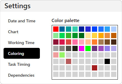 The color palette in Ganttic can be customized with organizational and brand colors - or colors of your clients. 