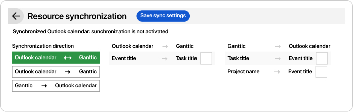 Outlook sync with Ganttic -  choose 1 or 2 way sync and what items you'd like synched up. 