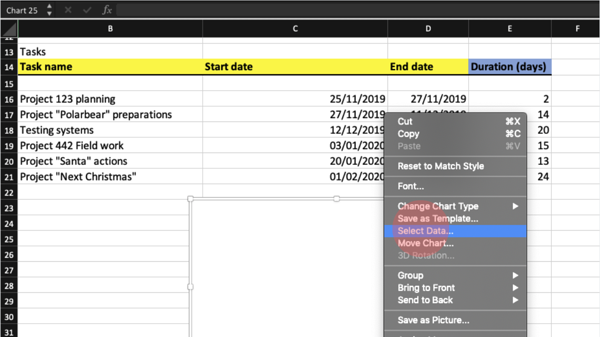 Selecting right data to Excel Stacked Bar to get it into Gantt Chart