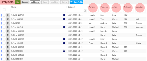 The default view of projects in Ganttic. Here all the custom data fields are shown