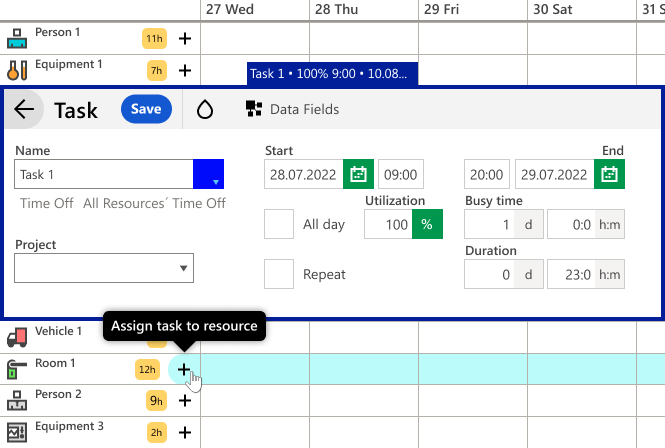 Assign multiple resources to tasks quickly, creating shared tasks amongst team members. 