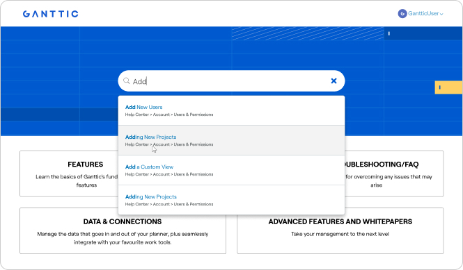 In Ganttic's new Help Desk, the search feature is front and center and will help you answer all your resource planning questions.