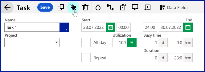 Ganttic's task timing options, the green fields are for manual input.