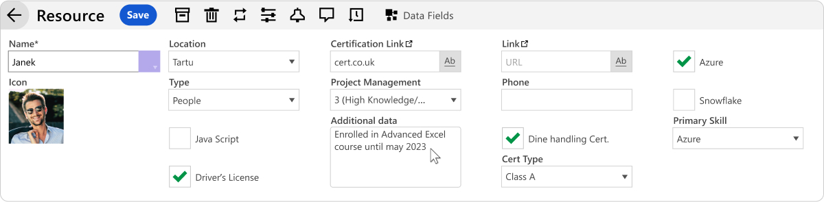 Examples of data fields in Ganttic that help describe your resource skill sets