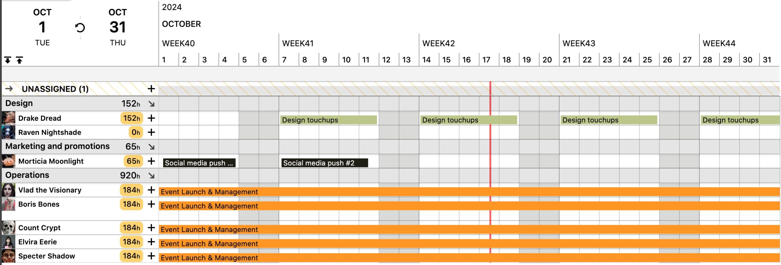 An overview of resources and their tasks prepping a Halloween event made with Ganttic's Gantt charts. 