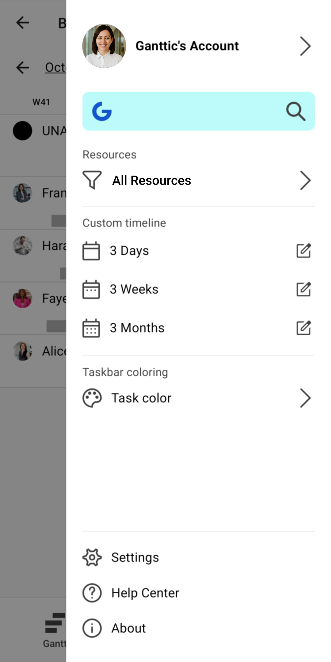 Mobile app side menu with resource filters, timeline options, and app settings.