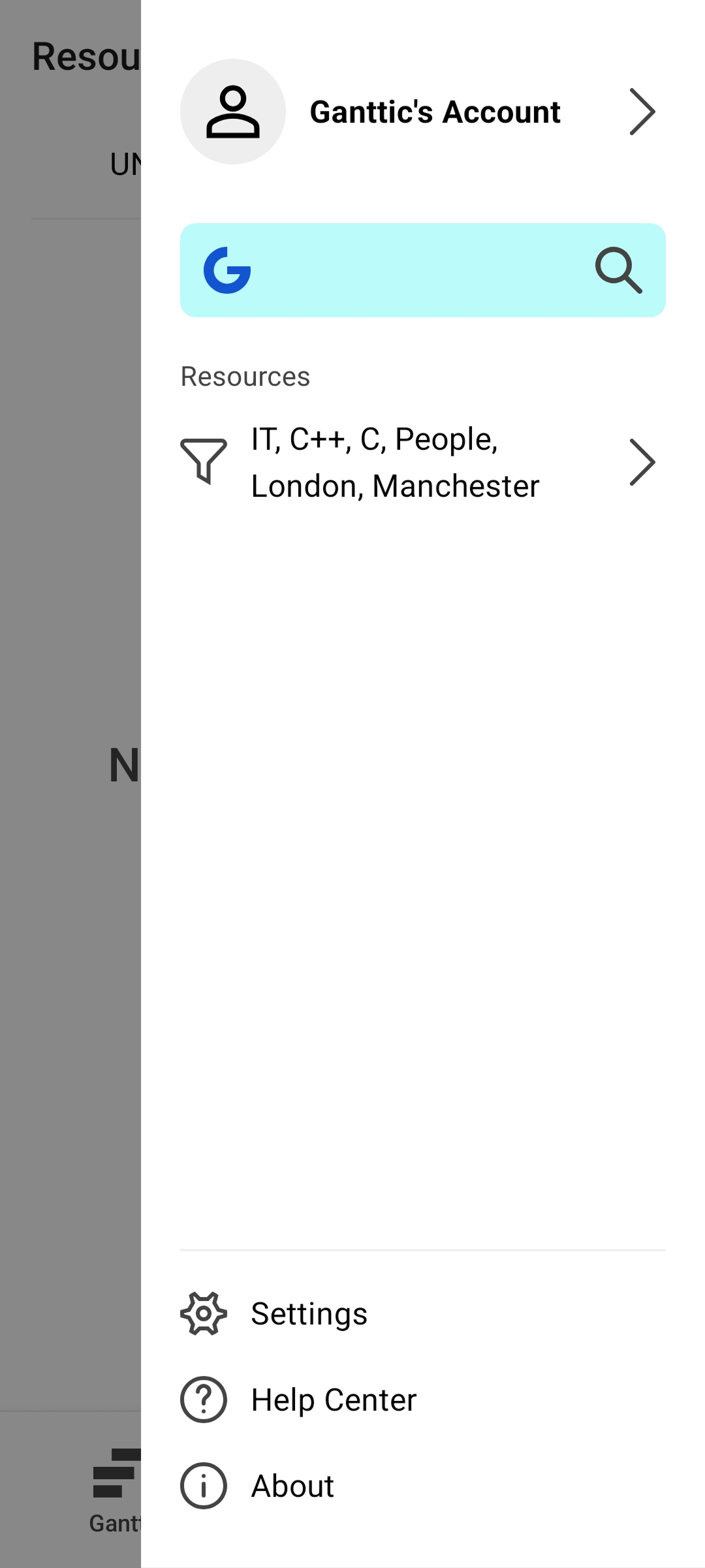 Mobile app's side menu showing the search bar and a resource filter with selected tags.