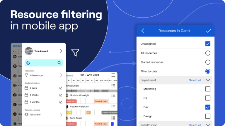 Ganttic Planner Mobile App showing the new resource filtering menu and Gantt view.