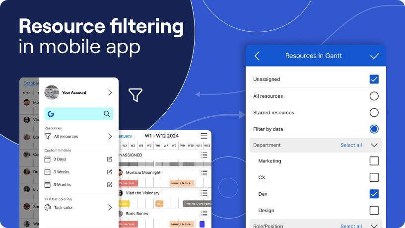 Ganttic Planner Mobile App showing the new resource filtering menu and Gantt view.
