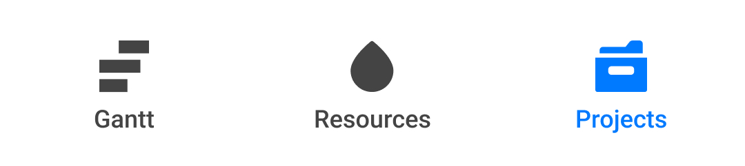 Mobile app bottom menu showing three icons: Gantt, Resources, and Projects.
