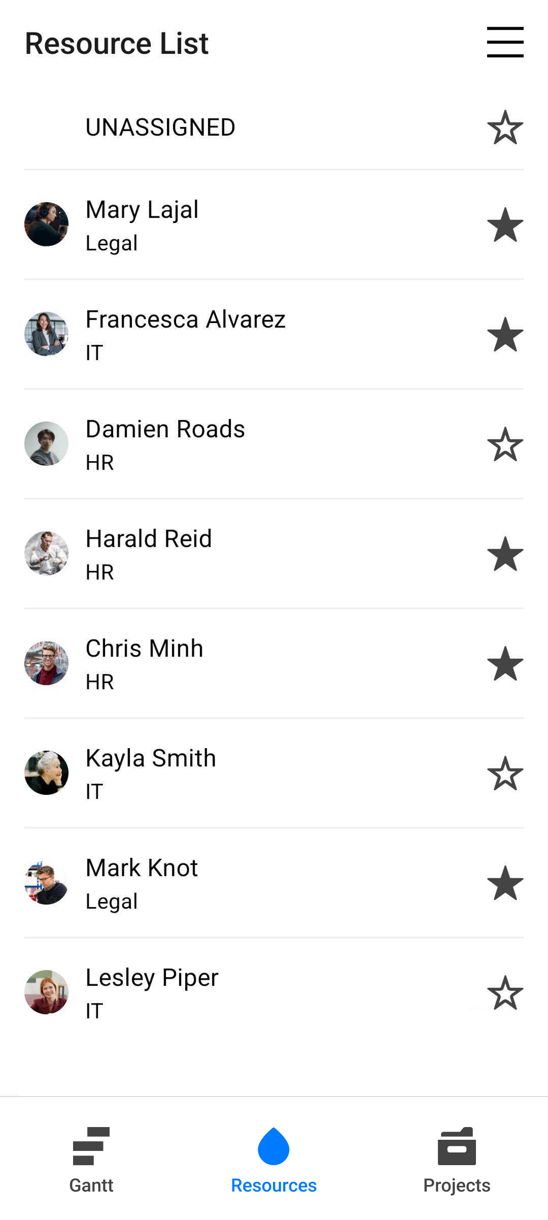 Mobile app's resource list.