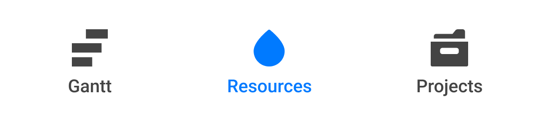Mobile app bottom menu showing three icons: Gantt, Resources, and Projects.