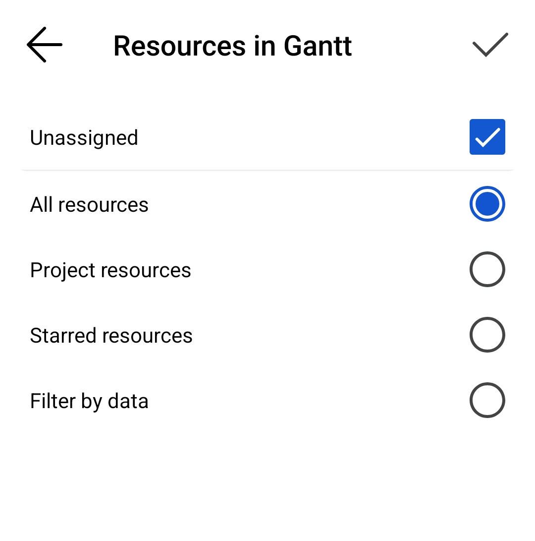 Mobile app's resource filtering options.