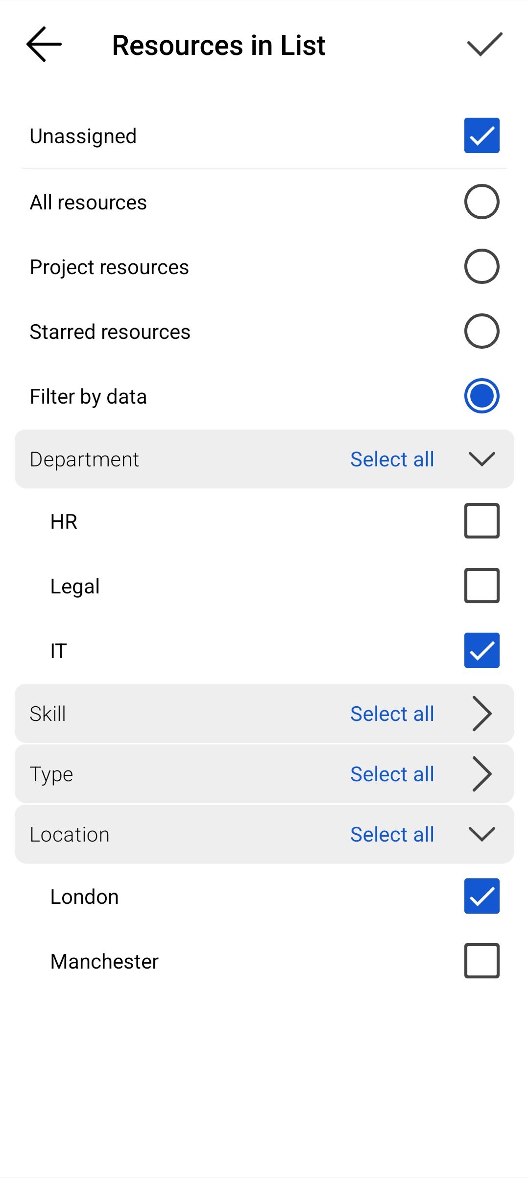 Mobile app's filter panel showing options for departments, skills, types, and locations with selected checkboxes.