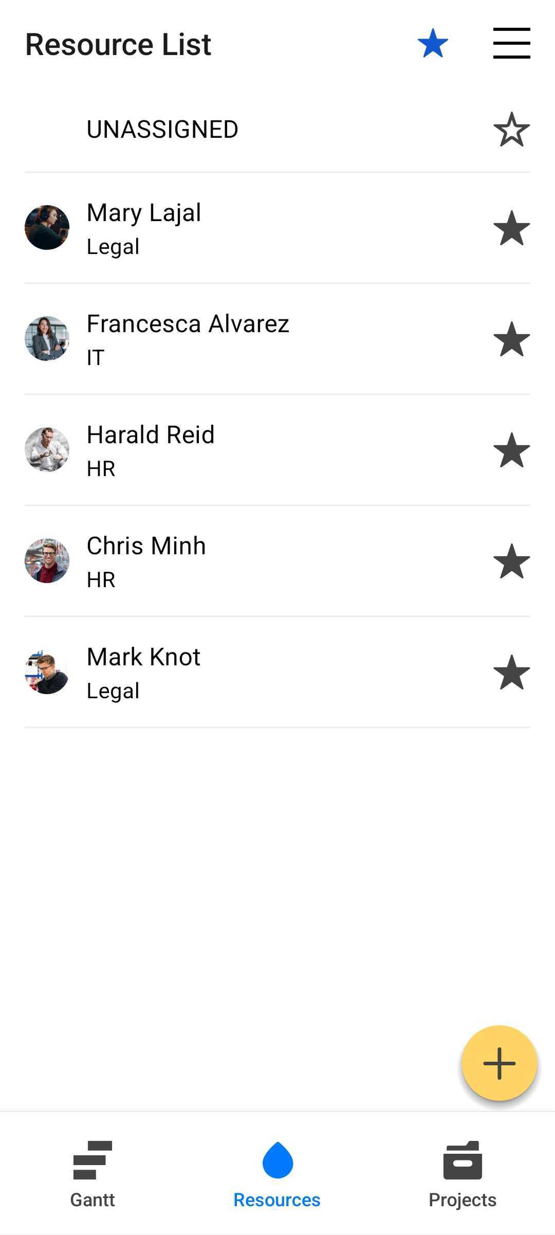 Mobile app's resource list with starred favourites.