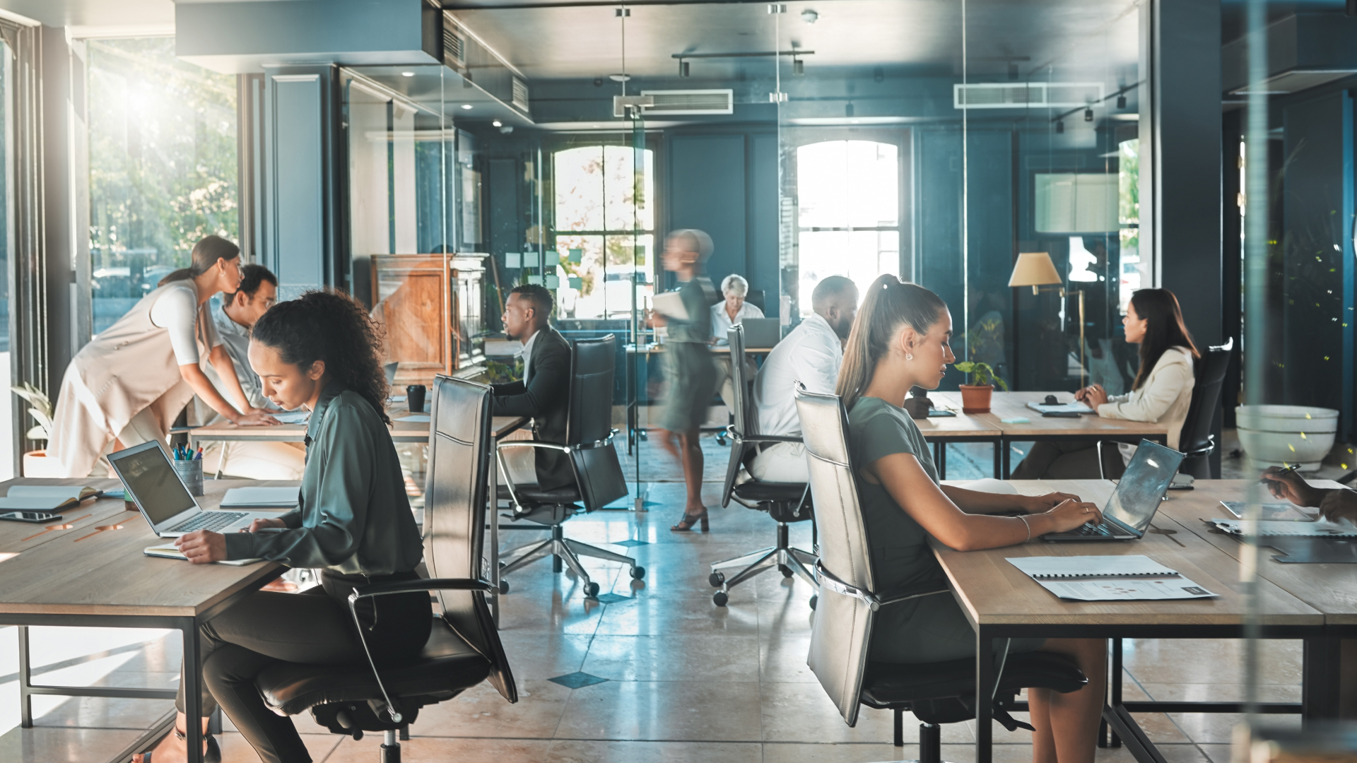 fast-pace enterprise corporate enviroment where some employees are sitting looking at their laptops and a woman walking by